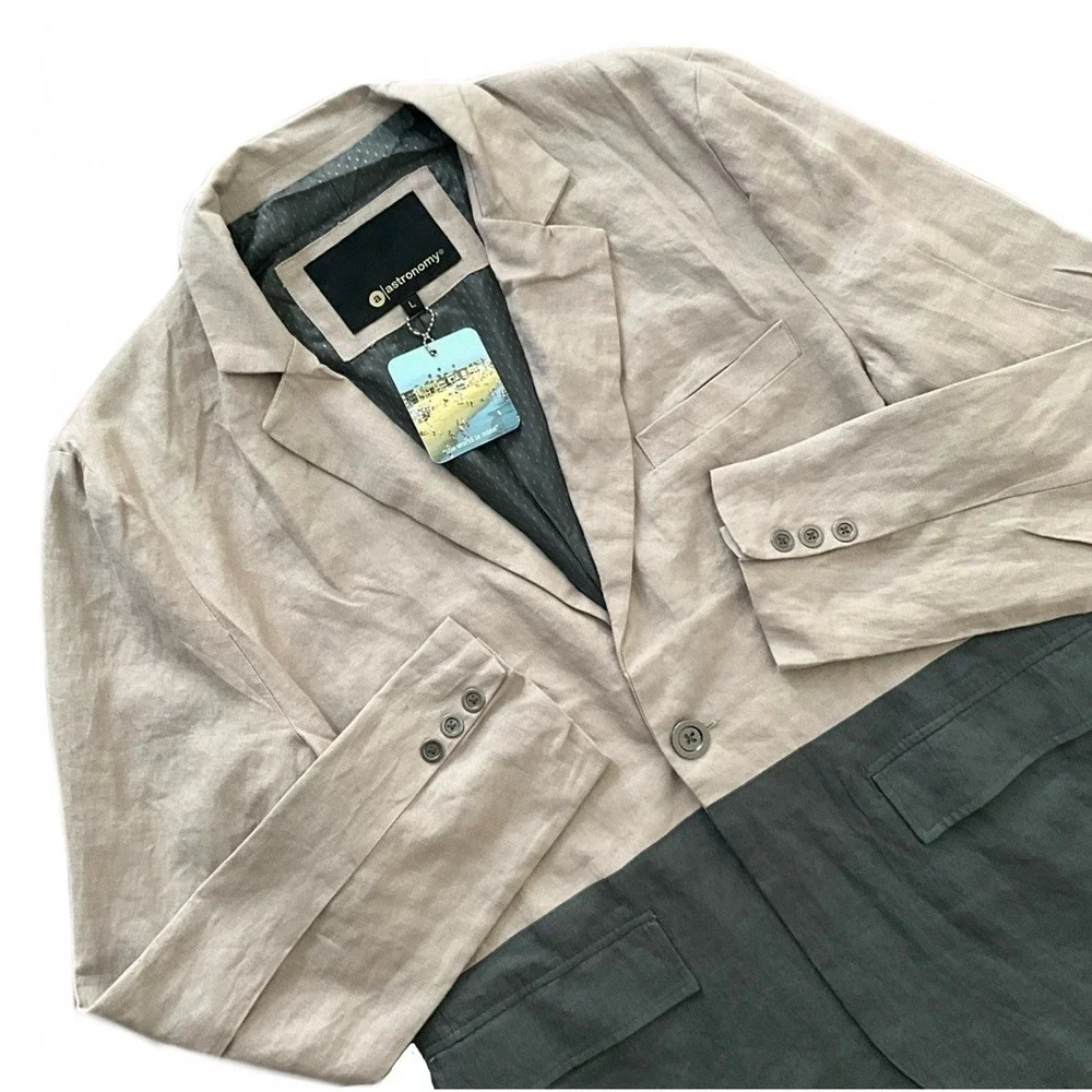 Astronomy Mens Linen Cotton Colorblock Blazer Jacket Light Taupe Gray Large NWT‎